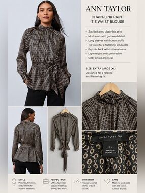 Ann Taylor Chain-Link Print Tie Waist Mock Neck Blouse Top XL